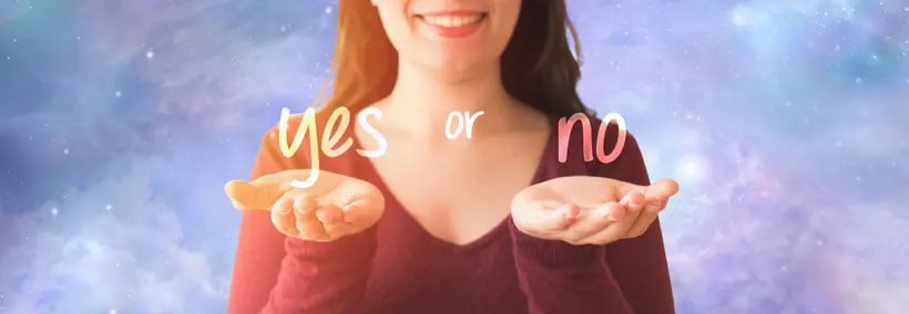 A smiling woman with long dark hair wearing a burgundy top, holding her hands outstretched with the words "yes" and "no" floating above her palms against a dreamy purple and blue cloudy sky background.