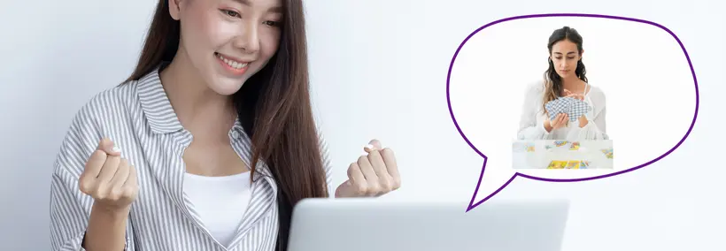  An excited woman in a striped shirt celebrating while looking at a laptop, with a speech bubble showing another woman performing what appears to be a tarot card reading